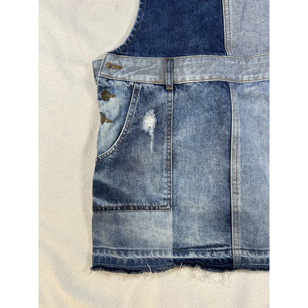 Free People Patchwork Denim Overalls Dress Mini Frayed Hem Blue Western Size 12 - Picture 3 of 7